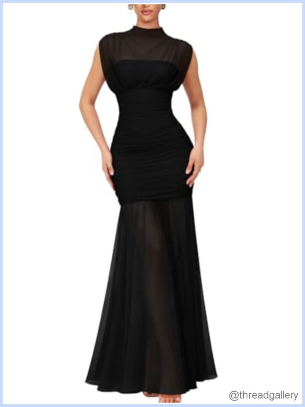 Sleeveless Mesh High Neck Ruched Cocktail Maxi Dress Formal Evening